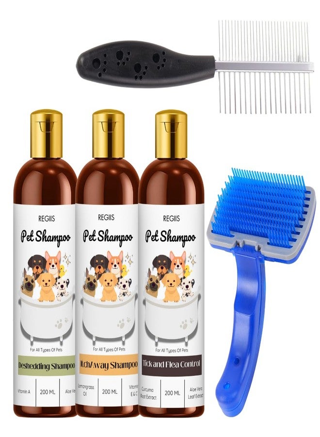 مجموعة العناية بالحيوانات الأليفة مع شامبو لإزالة الشعر الزائد، ومستحضر لعلاج الحكة ومكافحة القراد، زجاجات سعة 200 مل، مجموعة فرش تنظيف ذاتي (عبوة من 5 قطع) - Image 1